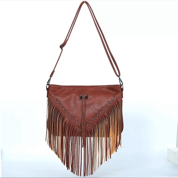 #62 BlOWOUT SALE! NEW!Brown Vegan Leather Messenger Shoulder Fringe Boho Bag - Picture 2 of 6